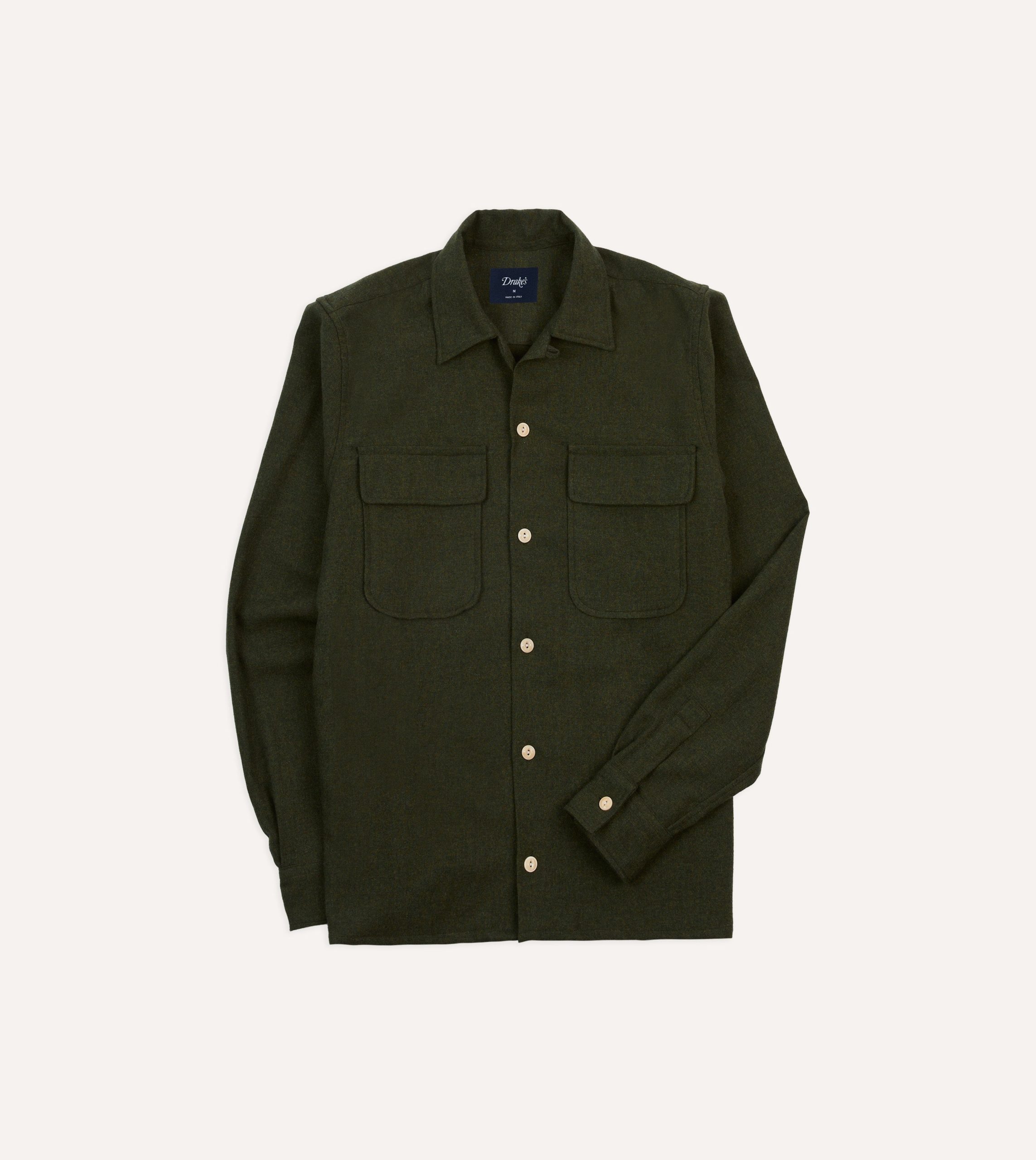 Dark Green Wool Two-Pocket Camp Collar Work Shirt