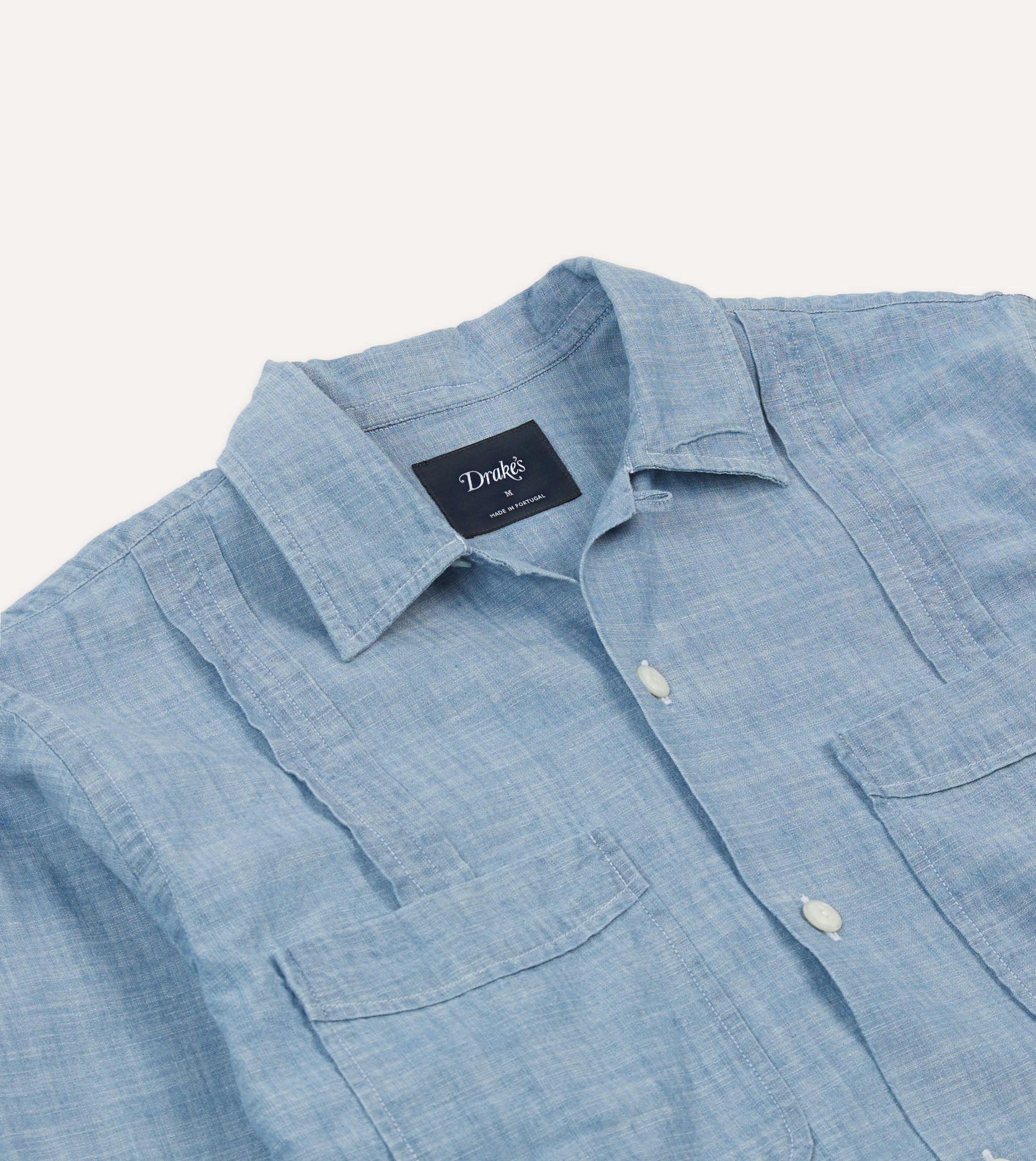 Bleach Wash Chambray Cotton Long Sleeve Cuban Shirt - Image 3