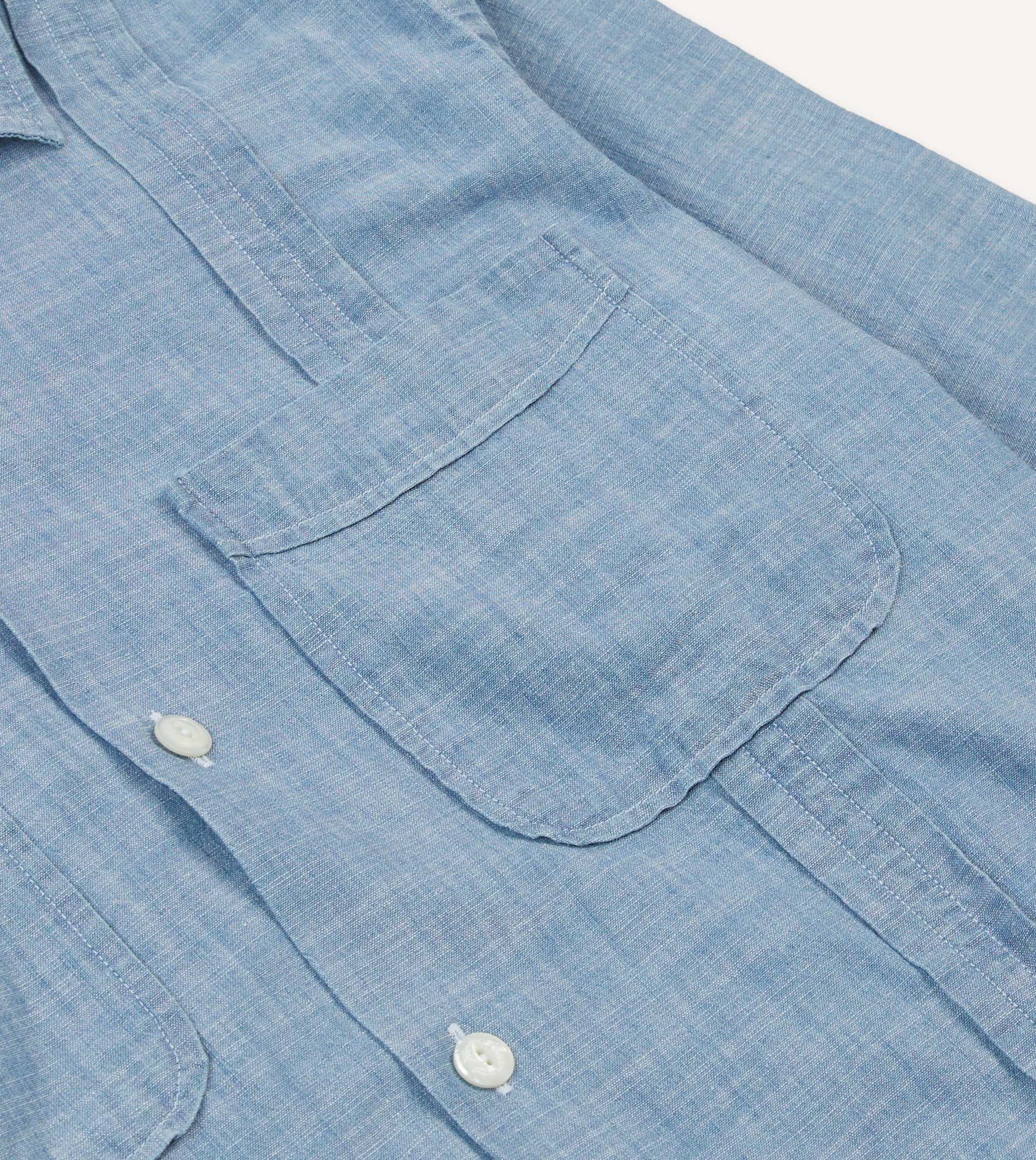 Bleach Wash Chambray Cotton Long Sleeve Cuban Shirt - Image 4