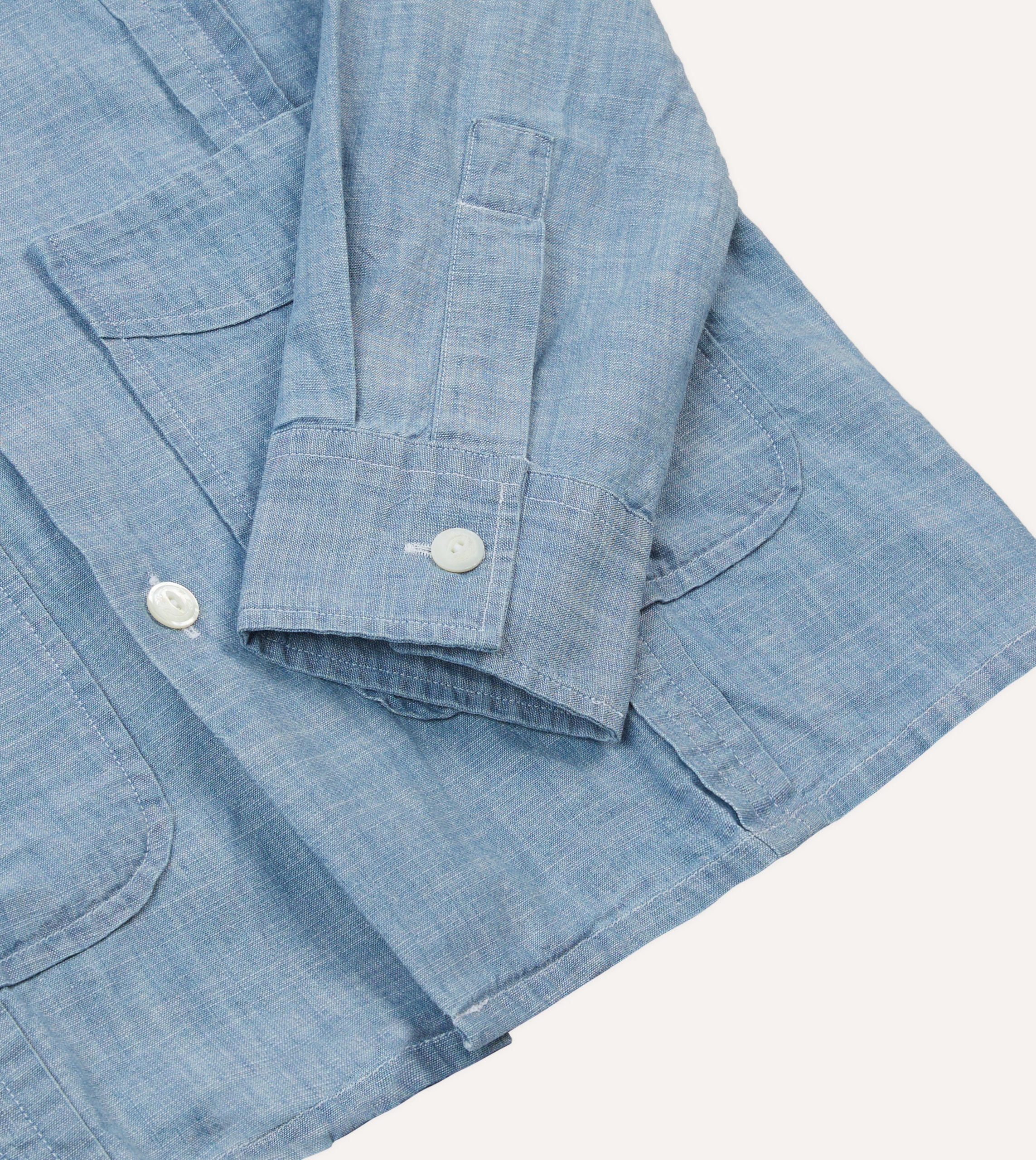 Bleach Wash Chambray Cotton Long Sleeve Cuban Shirt - Image 5