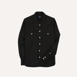 Black Linen Twill Two-Pocket Western Shirt