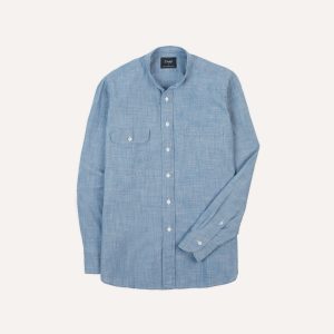 Chambray Cotton Mandarin Collar Shirt