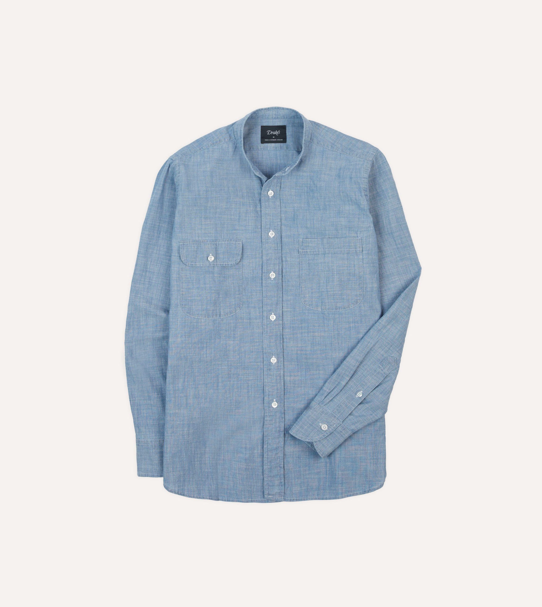 Chambray Cotton Mandarin Collar Shirt