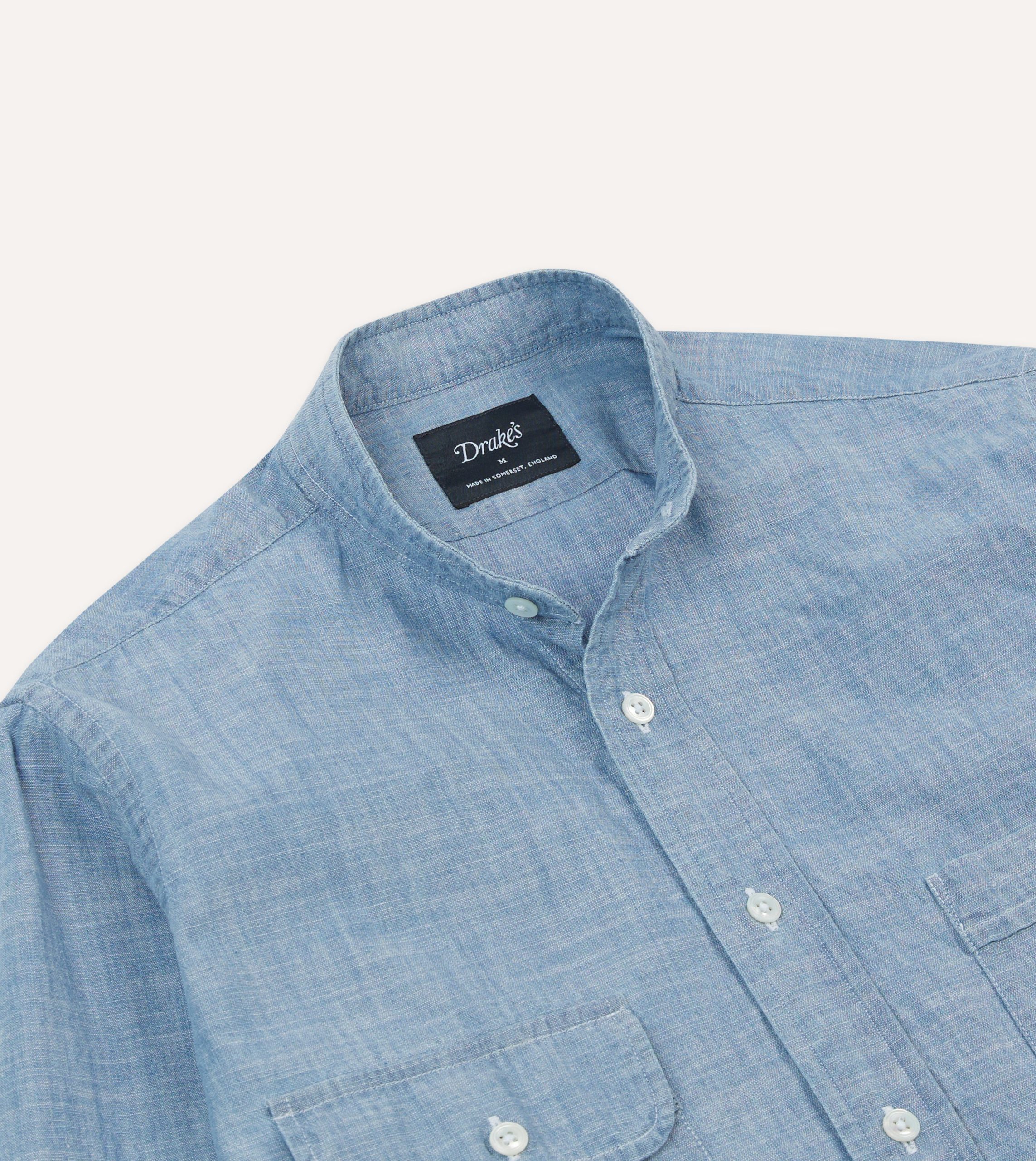 Chambray Cotton Mandarin Collar Shirt - Image 3
