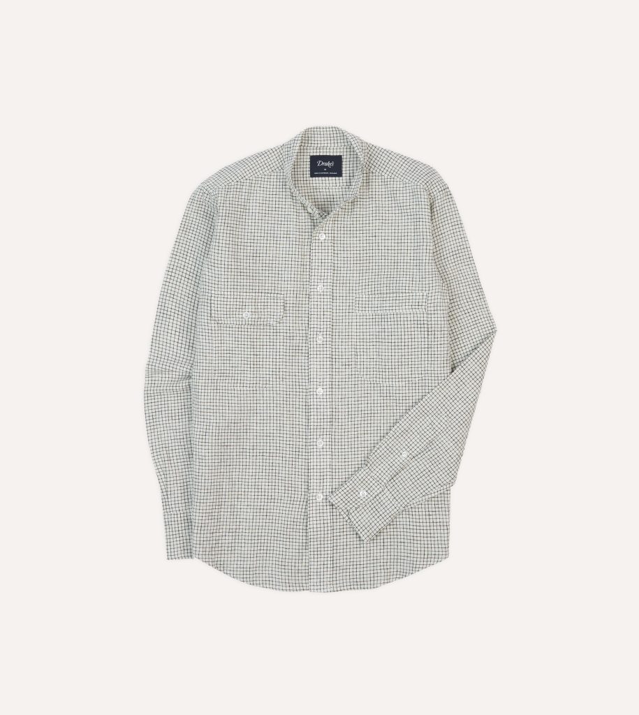 Ecru Check Linen-Cotton Mandarin Collar Shirt