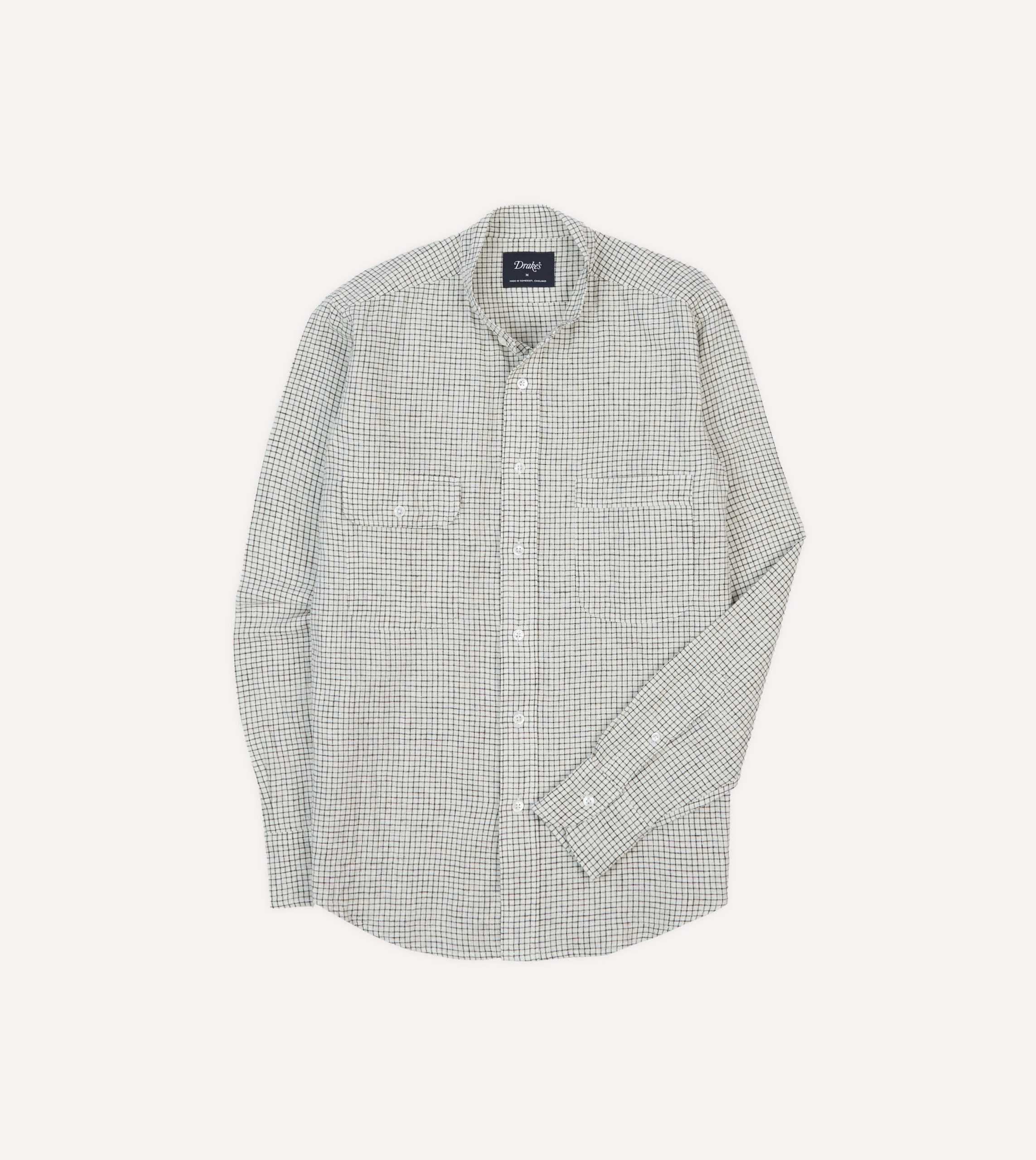 Ecru Check Linen-Cotton Mandarin Collar Shirt