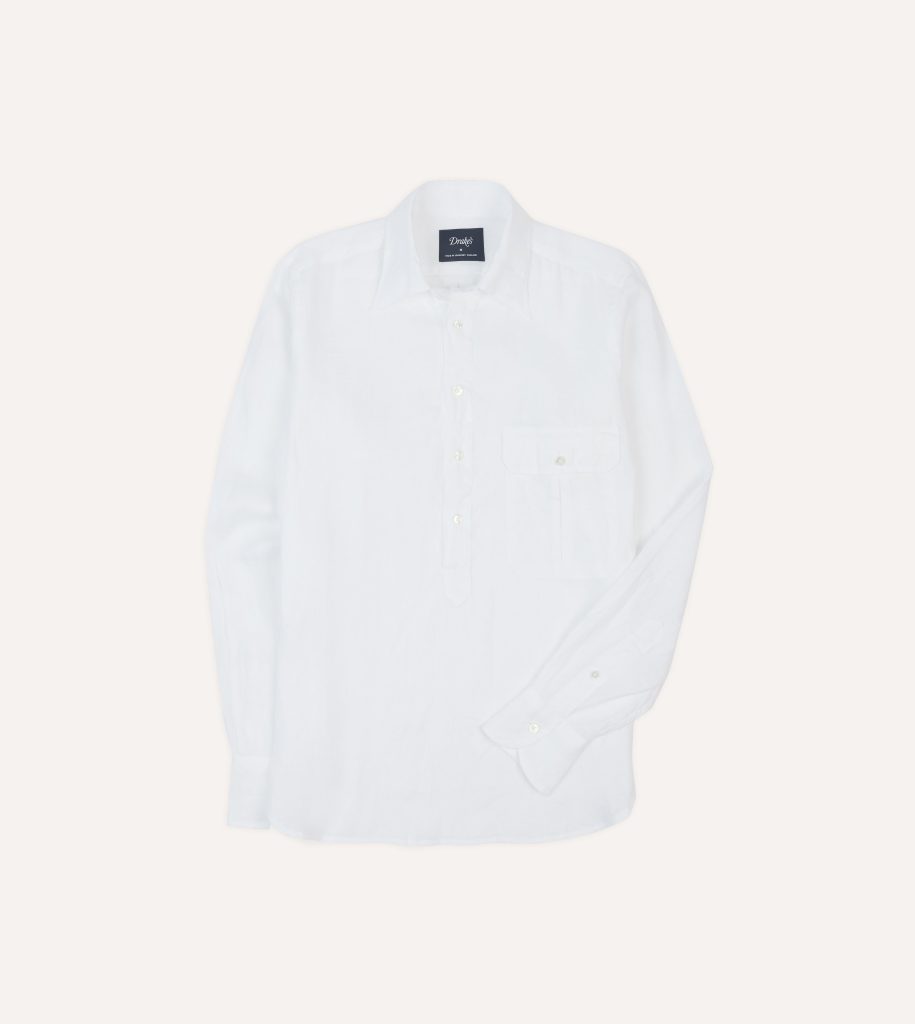 White Linen Long Point Collar Popover Shirt