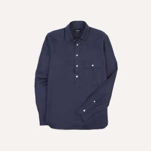 Navy Linen Long Point Collar Popover Shirt