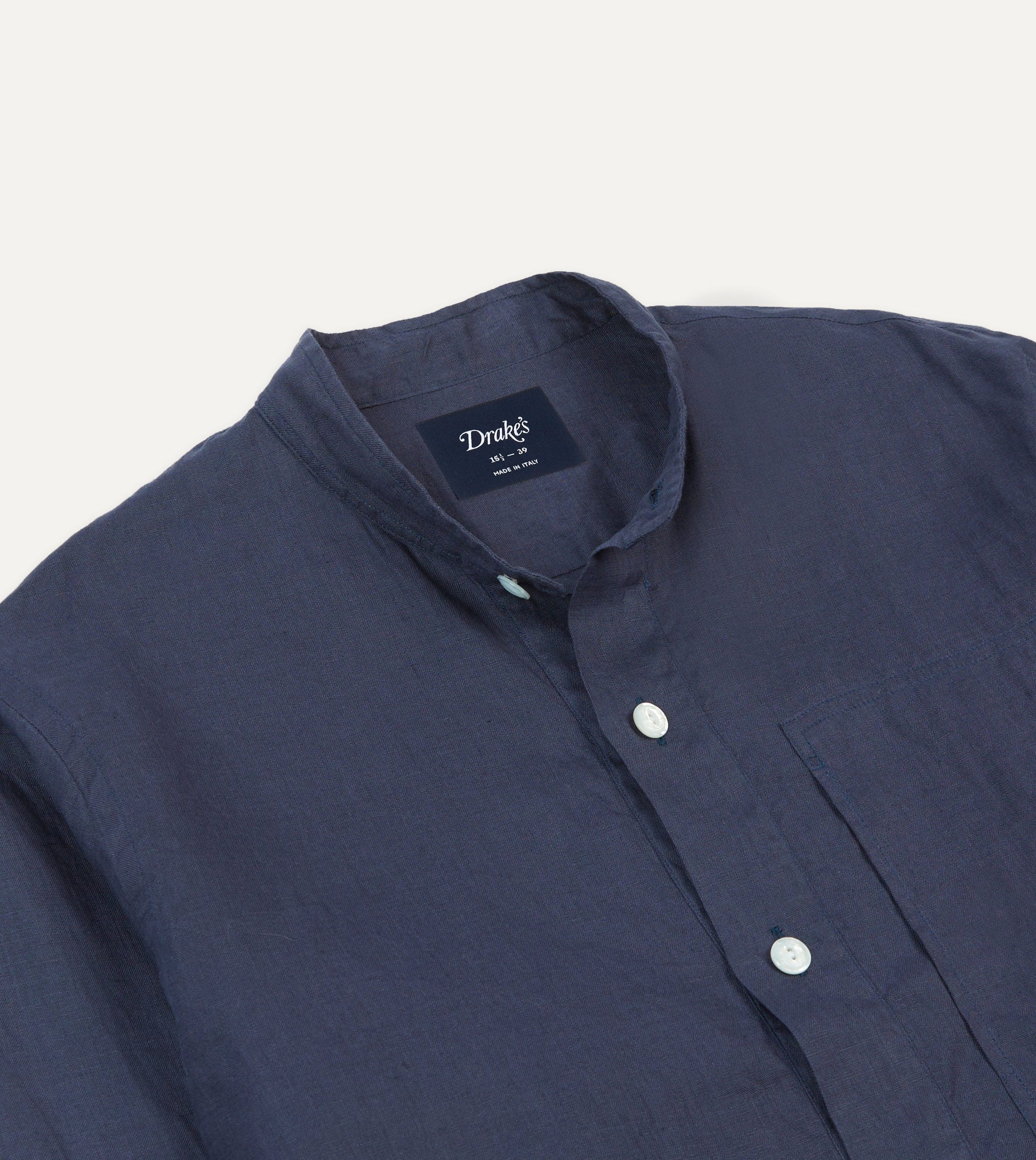Navy Linen Mandarin Collar Popover Shirt - Image 3