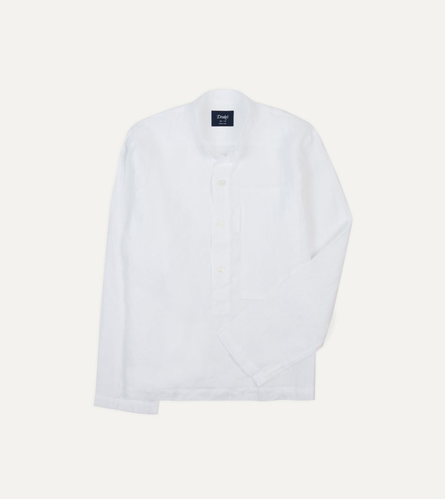 White Linen Mandarin Collar Popover Shirt