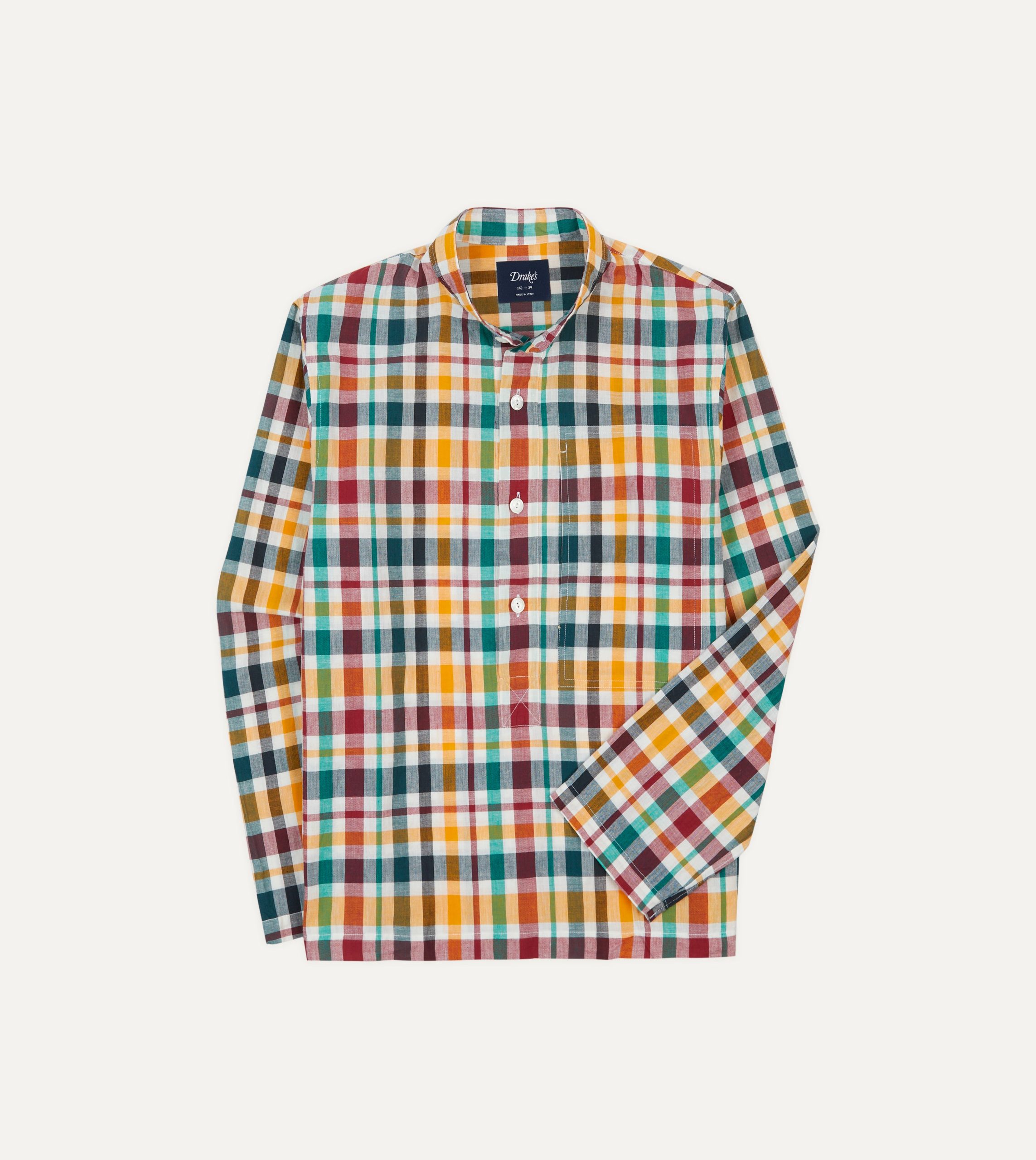 Red. Blue and Green Madras Check Cotton Mandarin Collar Popover Shirt
