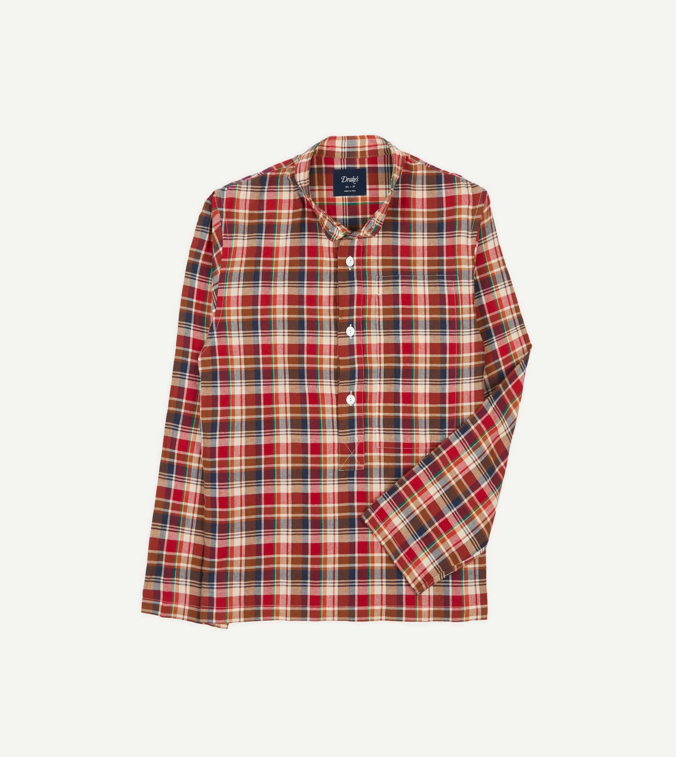 Brown. Navy and Red Madras Check Cotton Mandarin Collar Popover Shirt