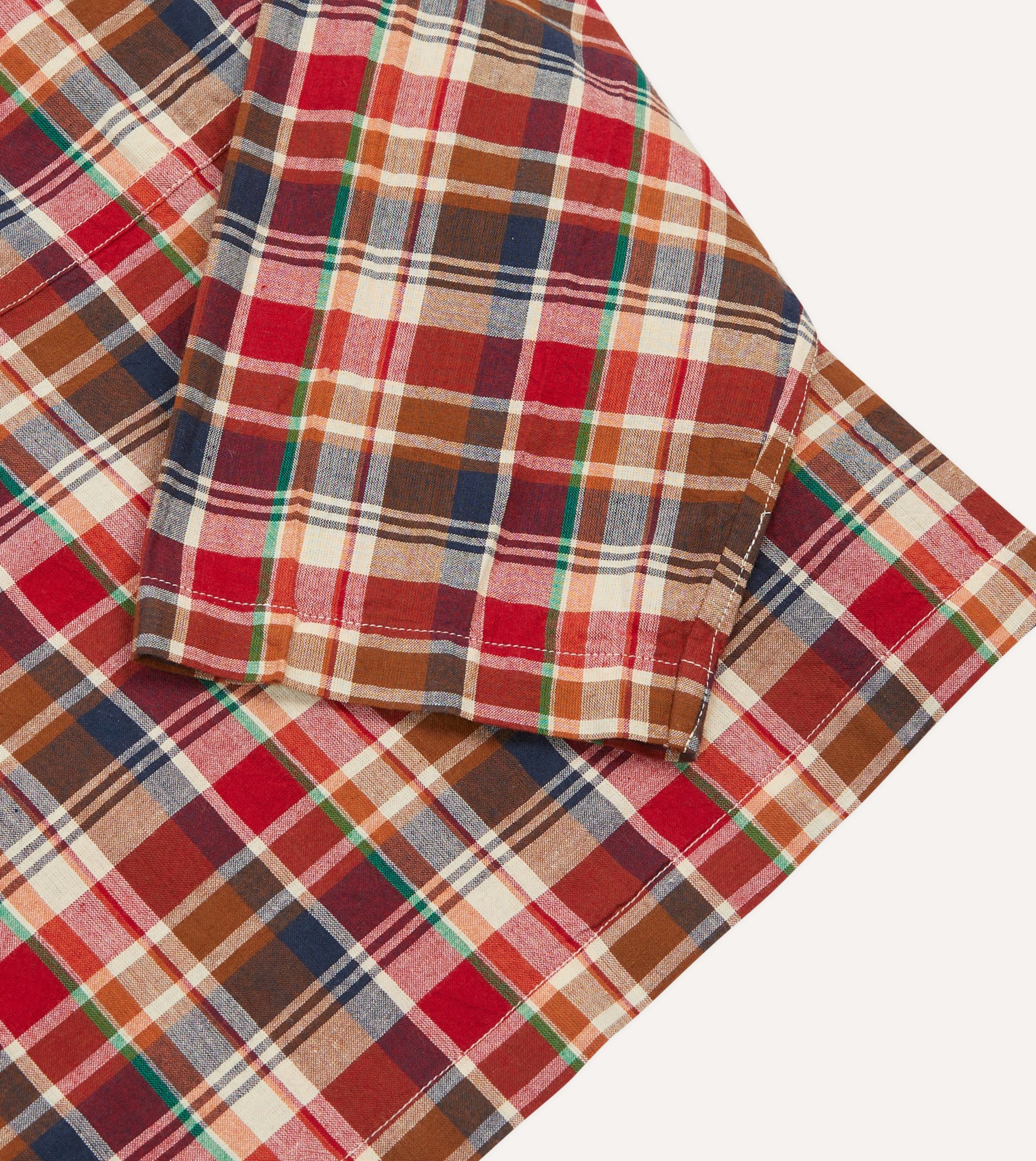 Brown. Navy and Red Madras Check Cotton Mandarin Collar Popover Shirt - Image 5