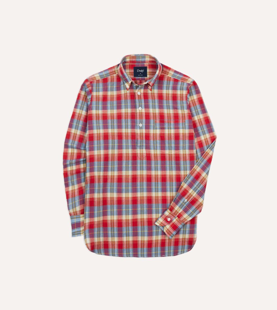 Red and Blue Madras Check Cotton Button-Down Popover Shirt