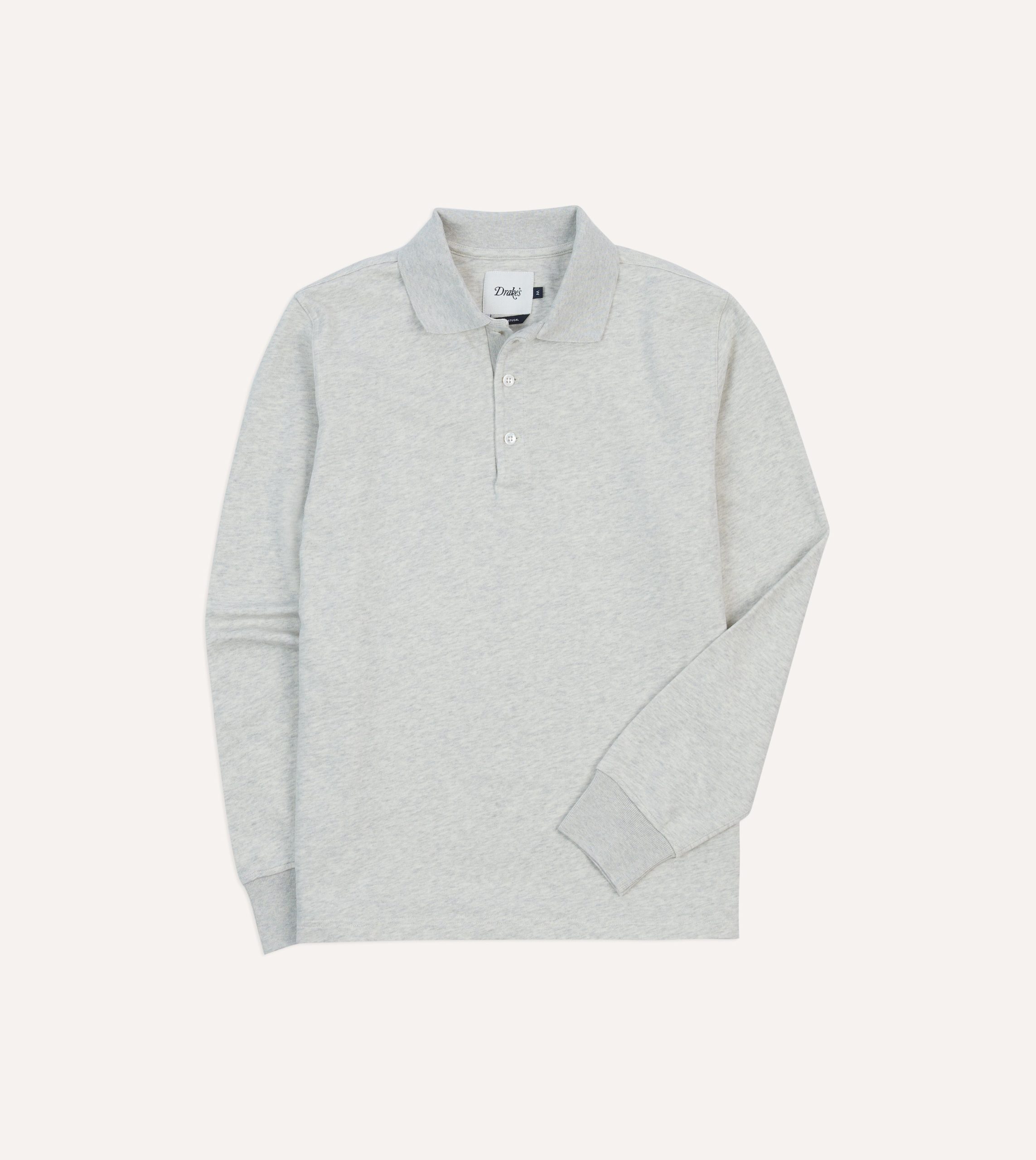Grey Melange Jersey Cotton Long-Sleeve Polo Shirt