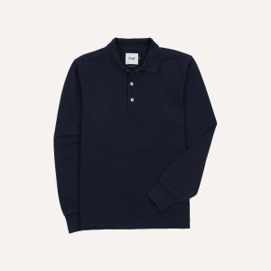 Navy Pique Cotton Long-Sleeve Polo Shirt