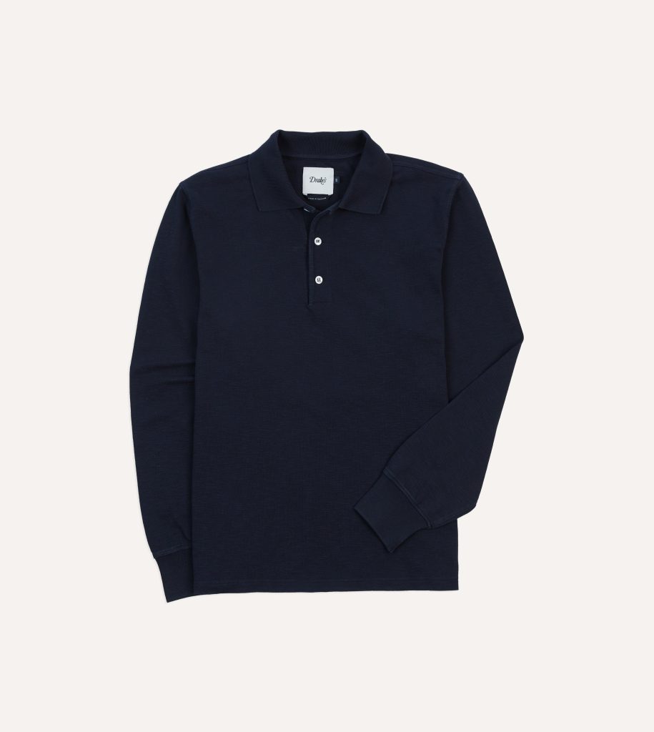Navy Pique Cotton Long-Sleeve Polo Shirt