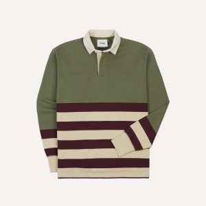 Khaki. Burgundy and Ecru Half Striped Cotton Rugby Shirt