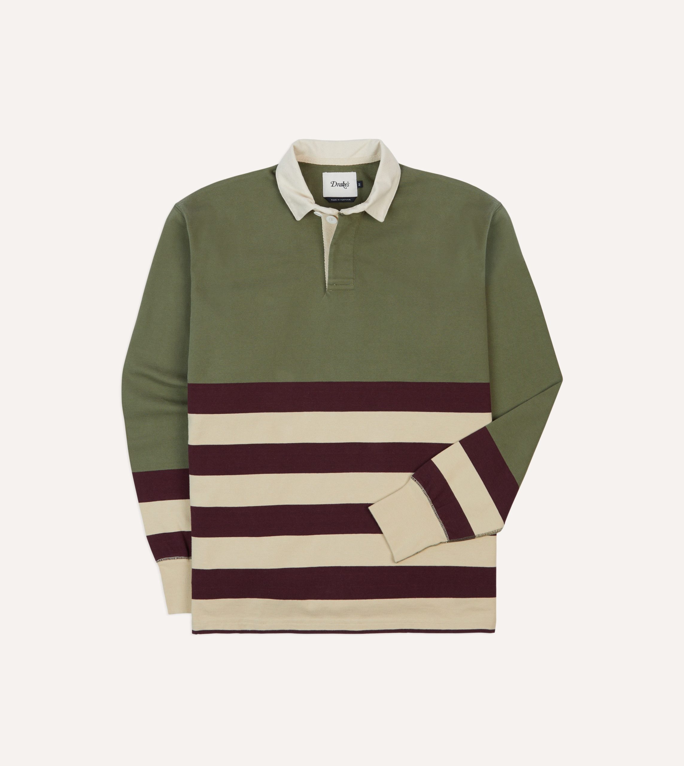Khaki. Burgundy and Ecru Half Striped Cotton Rugby Shirt