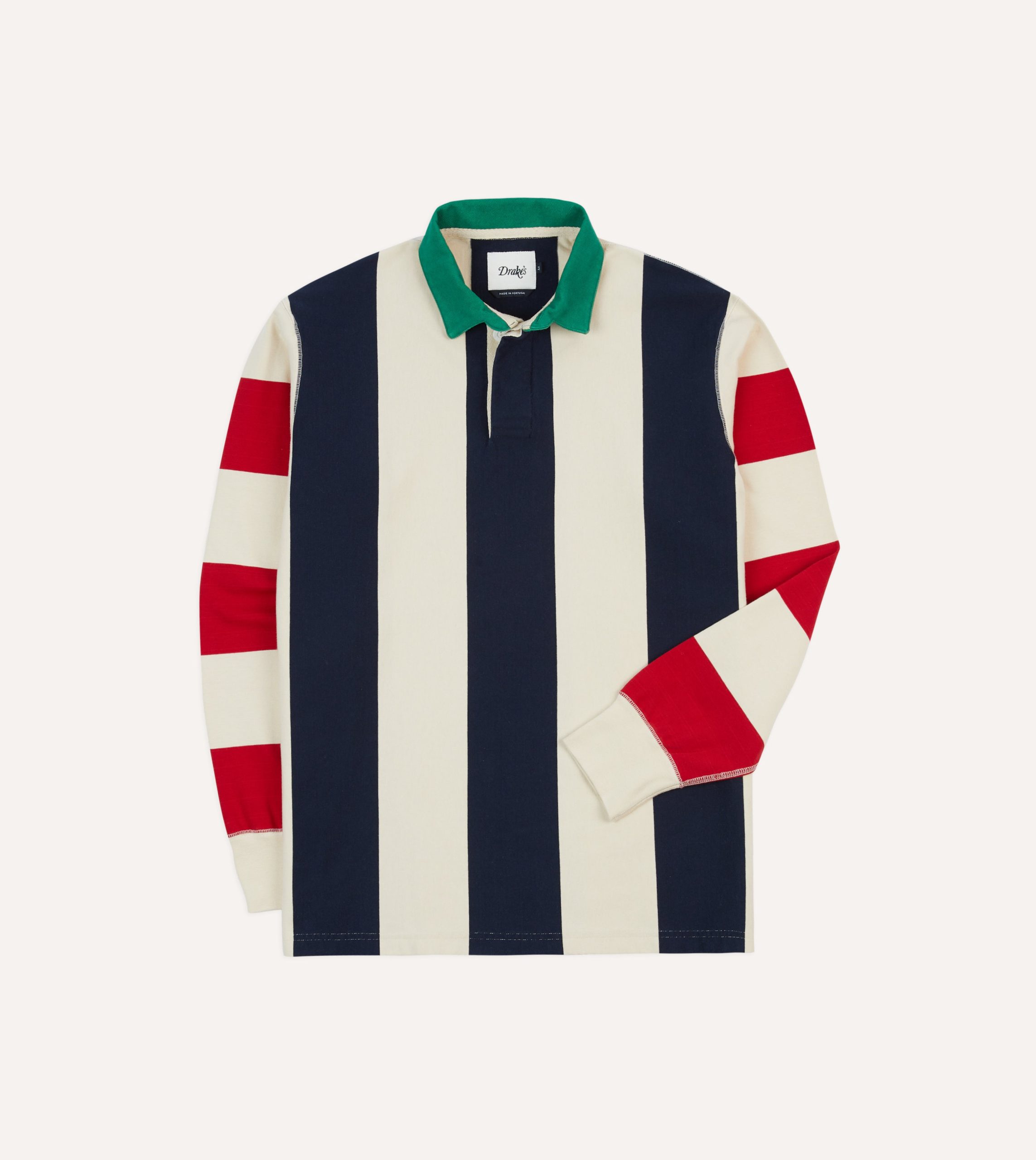 Navy. Red and Ecru Vertical Block Stripe Cotton Rugby Shirt