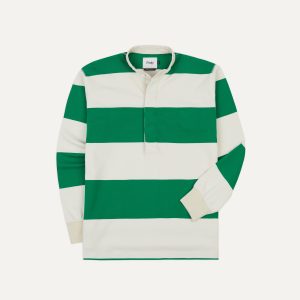 Green and White Stripe Cotton Mandarin Collar Rugby Shirt
