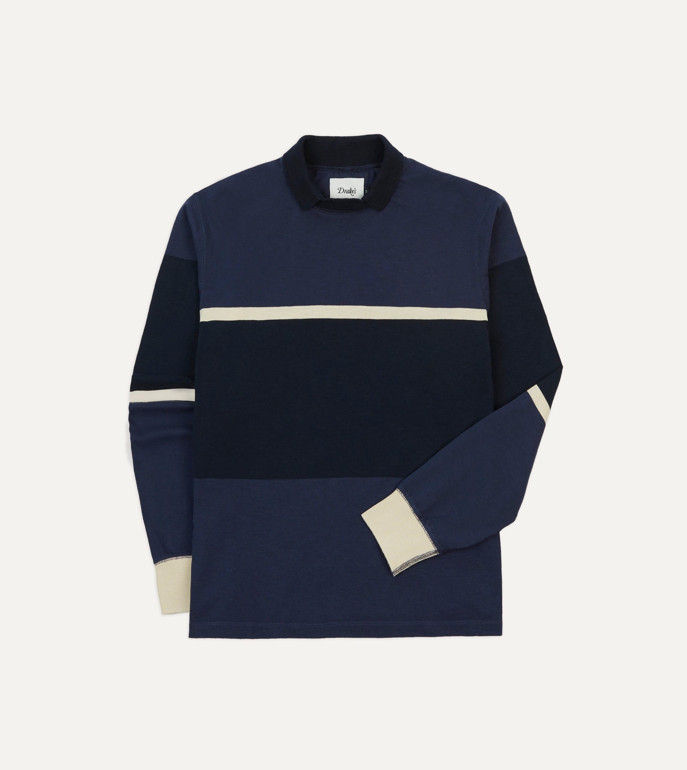 Navy and Ecru Stripe Mock Collar Long-Sleeve Jersey