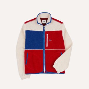 Ecru. Red and Blue Boucle Wool Zip Fleece Jacket