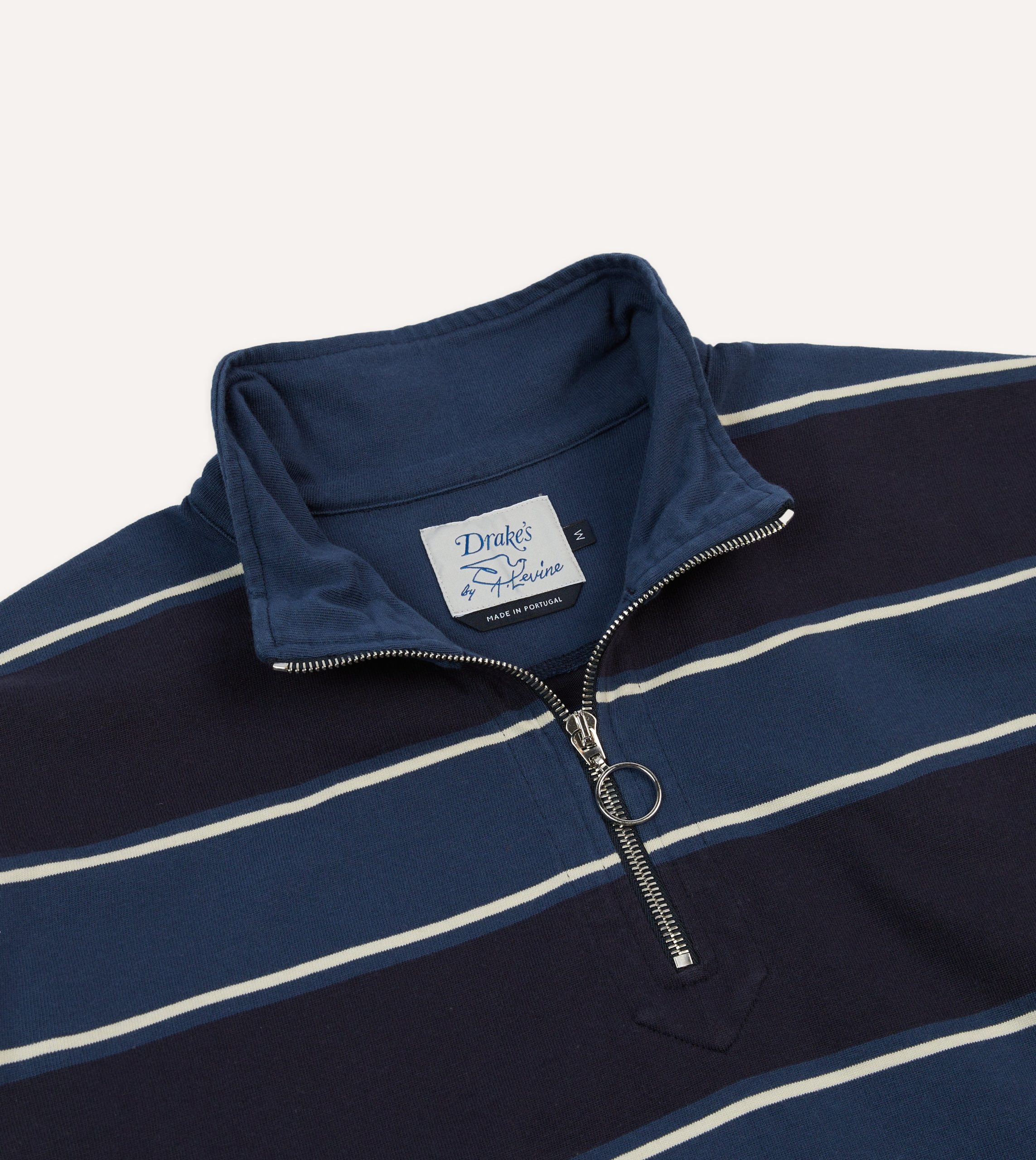 Drake's by A. Levine Navy Stripe Cotton Quarter Zip Rugby Shirt - Image 3