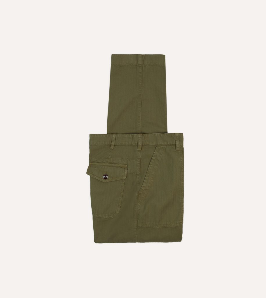 Olive Cotton-Linen Herringbone Fatigue Trouser