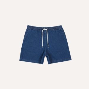 Stone Wash Indigo Cotton Drawstring Shorts
