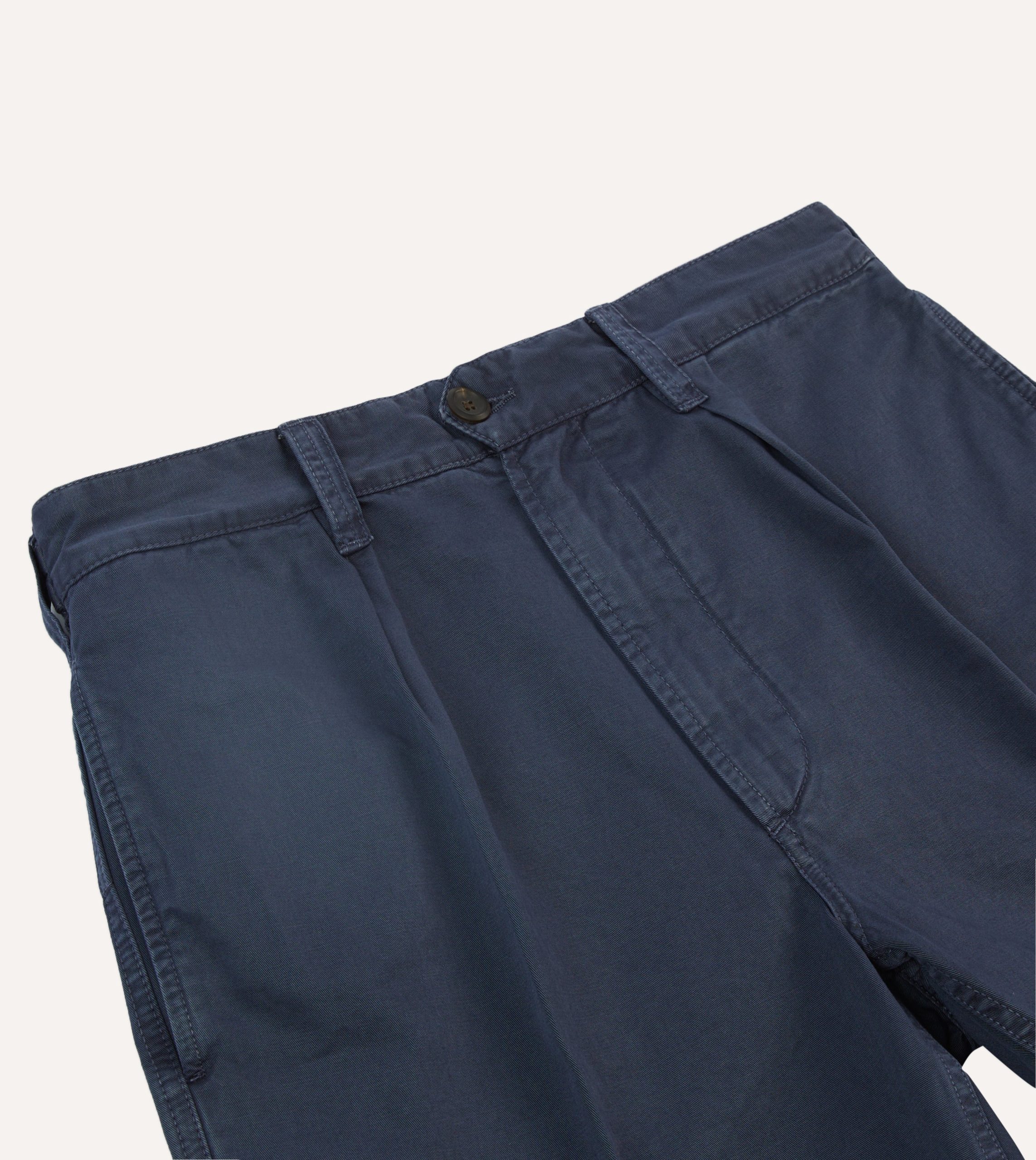 Washed Navy Cotton Twill Single-Pleat Shorts - Image 3