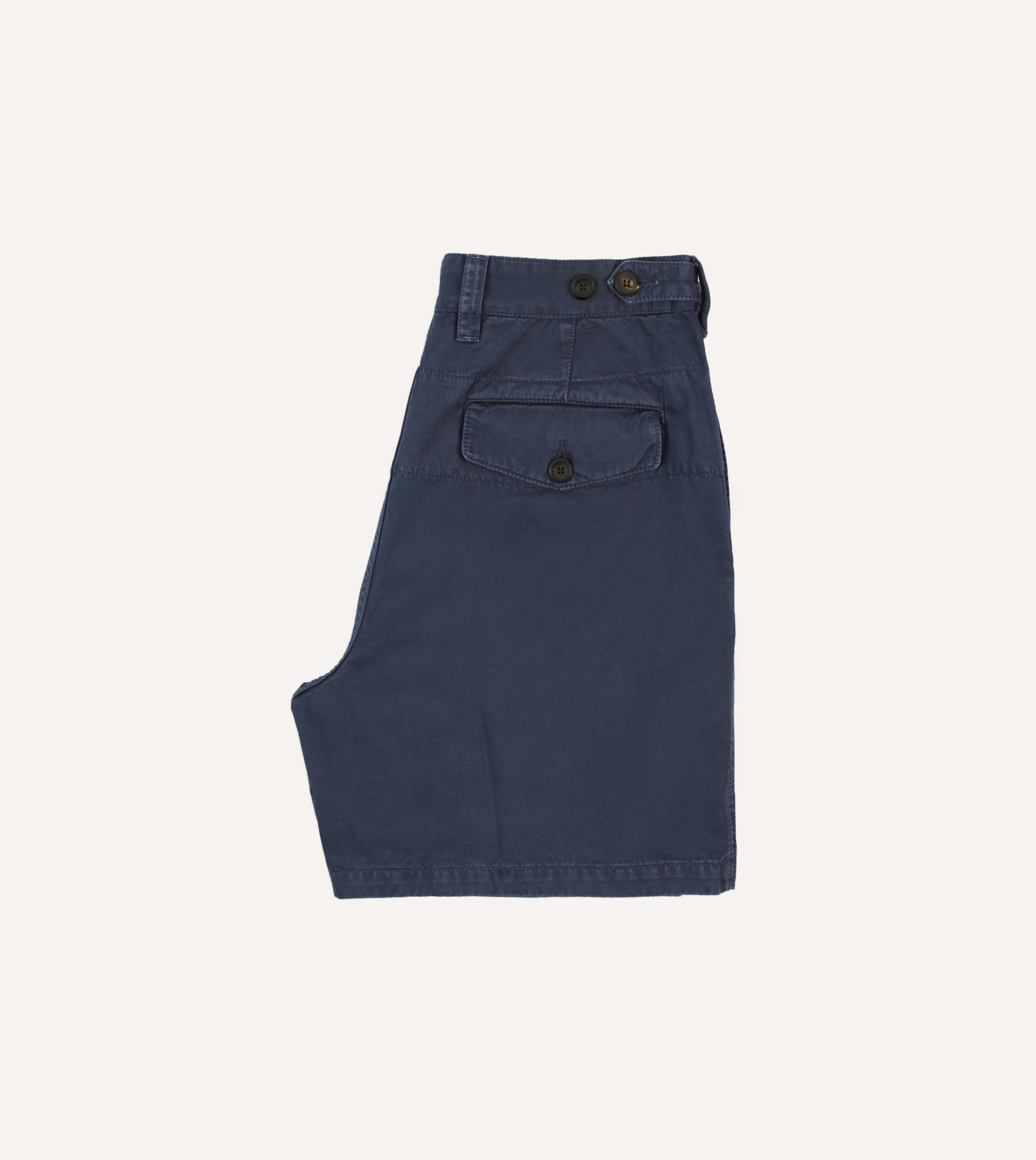 Washed Navy Cotton Twill Single-Pleat Shorts - Image 5