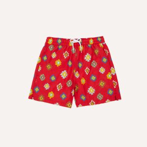 Red Kilim Print Nylon Drawstring Swim Shorts