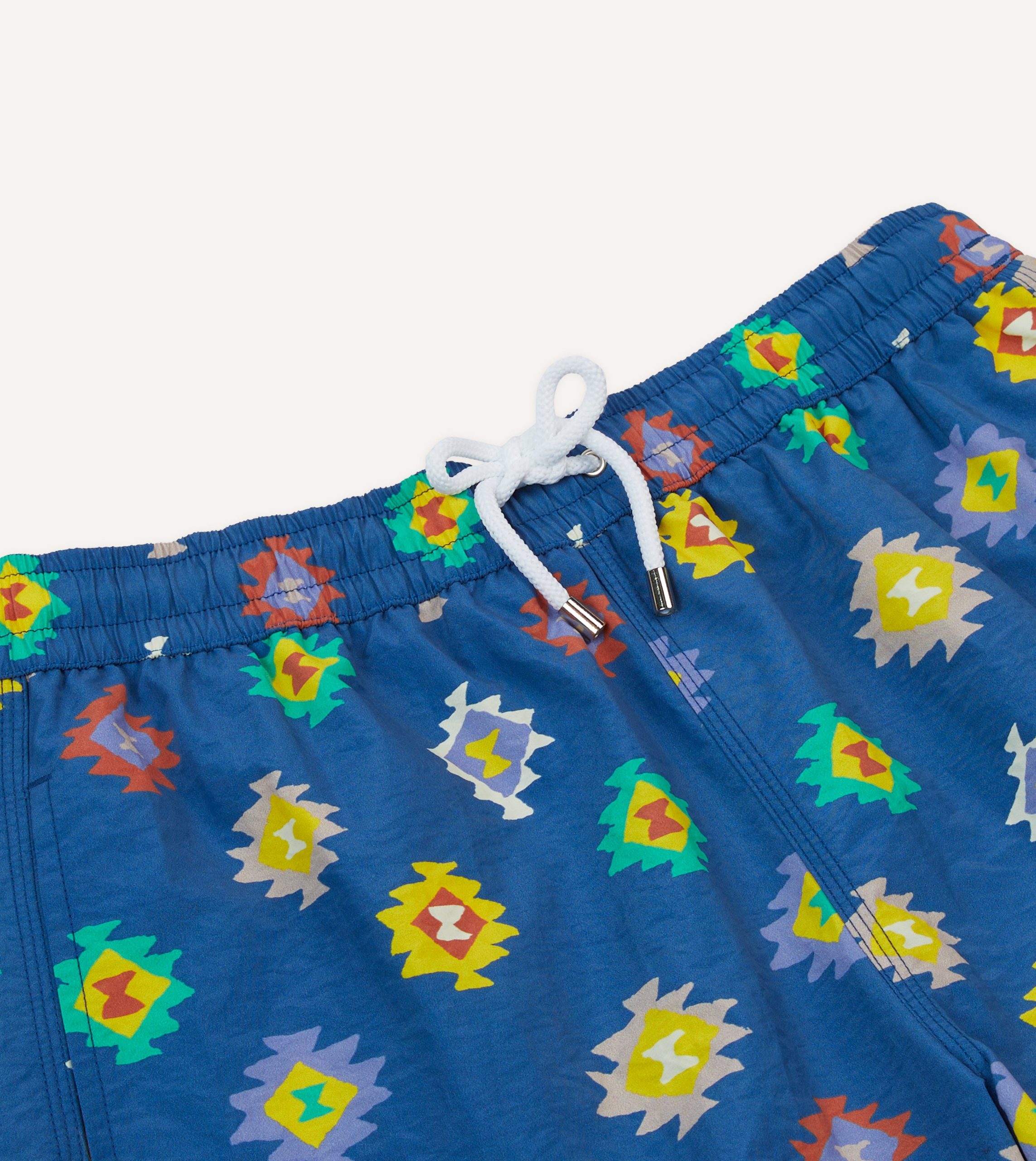Blue Kilim Print Nylon Drawstring Swim Shorts - Image 3