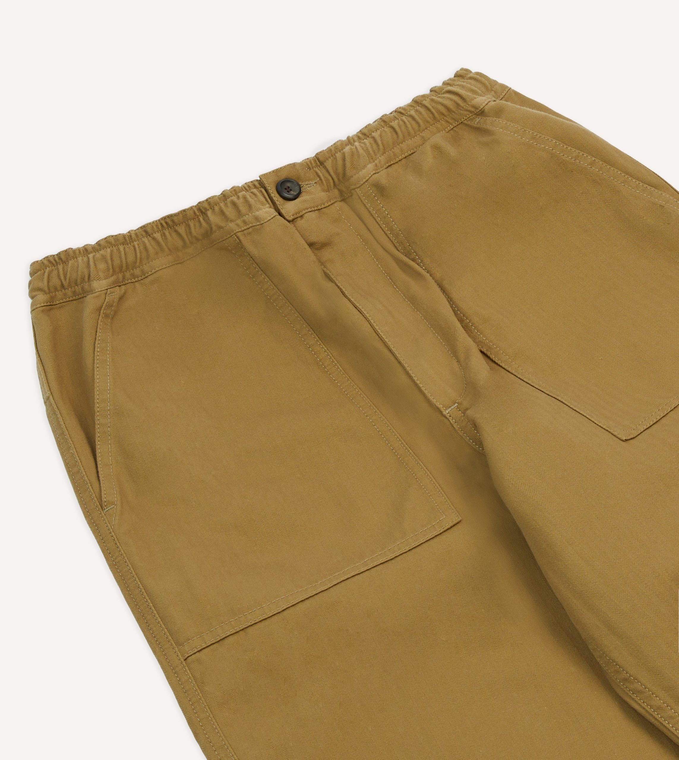 Khaki Herringbone Twill Cotton Drawstring Trousers - Image 4