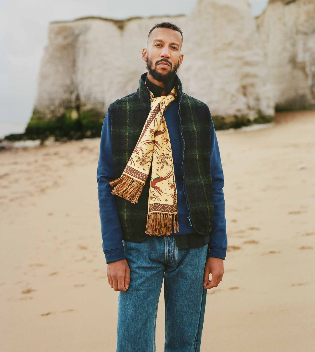 Gold Birds of Paradise Print Tubular Silk Tasselled Scarf - Image 5